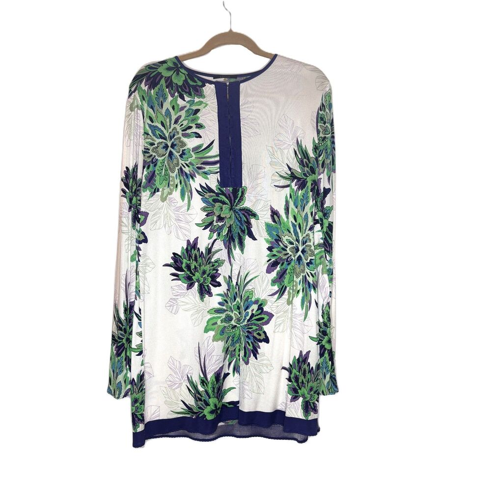 Elie Tahari XL Floral Tunic Top Boho Botanical Green Purple Navy Long Sleeve